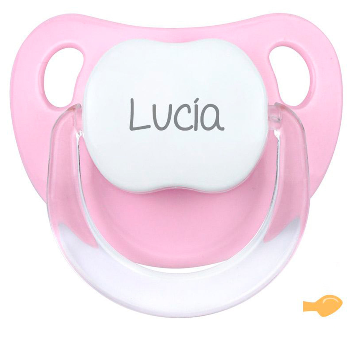 Chupete baby personalizado rosa pastel con nombre Lucía - vista frontal