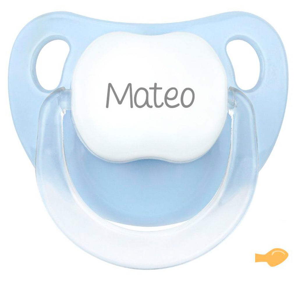 Chupete baby personalizado azul pastel con nombre Mateo