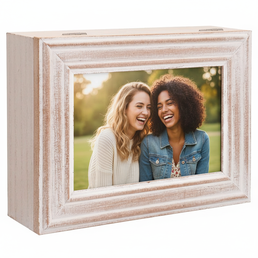 Caja portafotos de madera con foto de amigas