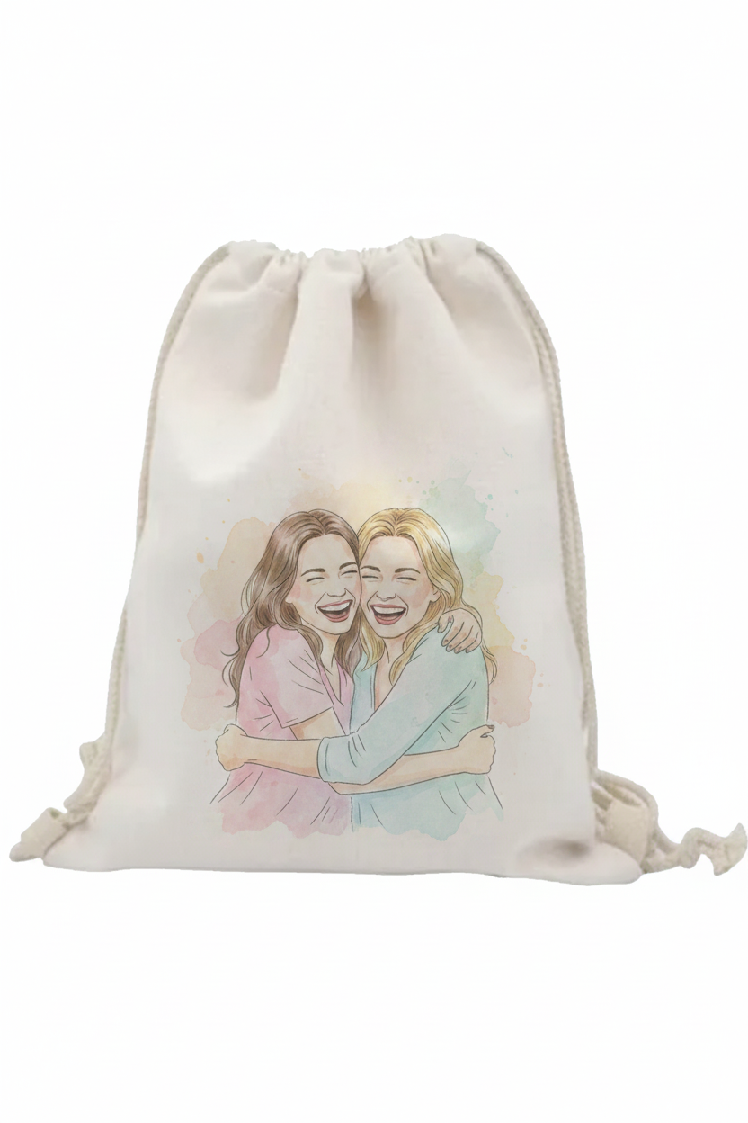 Mochila de lino personalizada con ilustración acuarela de dos amigas