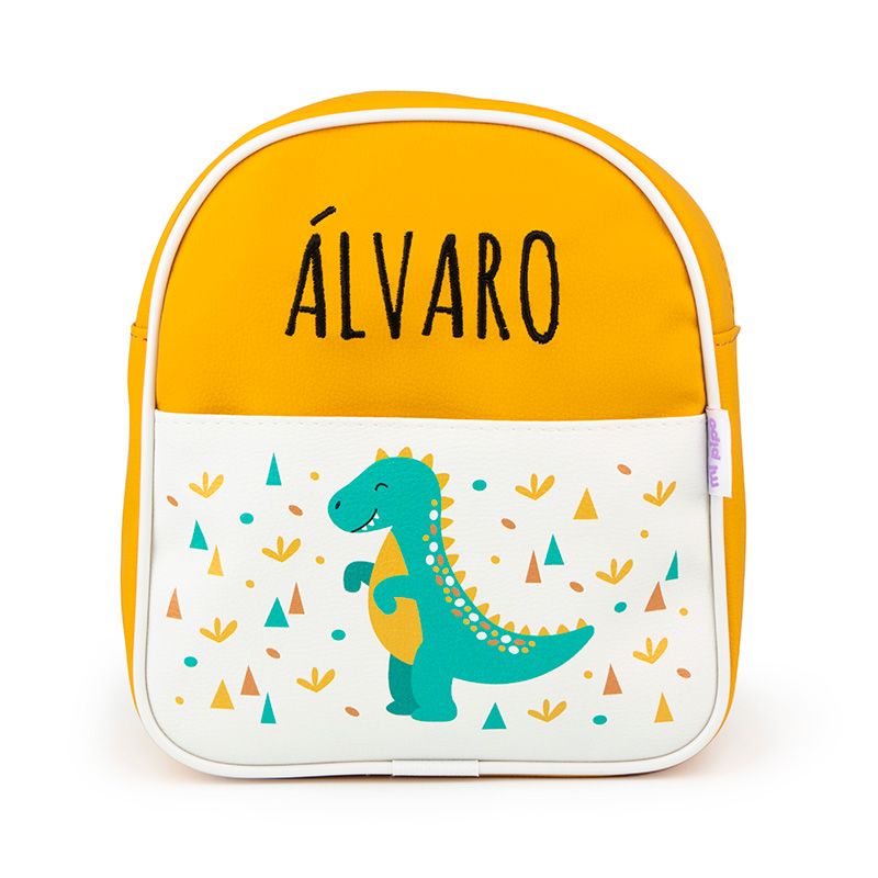 Mochila dinosaurio mostaza personalizada MiPipo con nombre Álvaro bordado