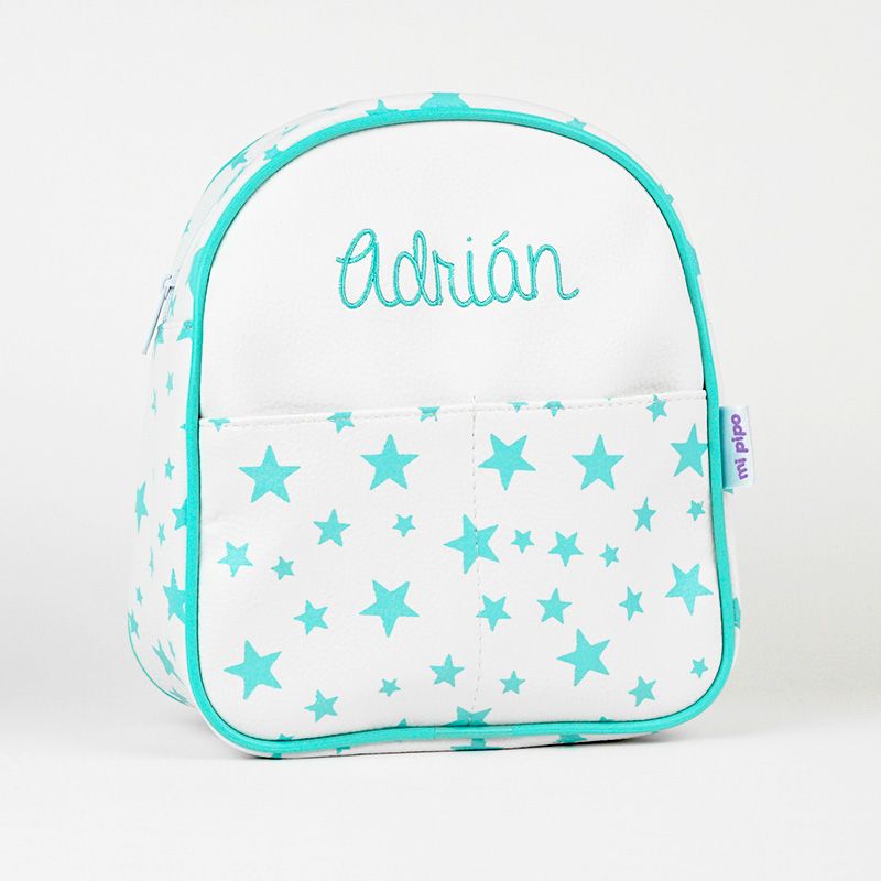 Mochila estrellas menta personalizada MiPipo con nombre Adrián bordado