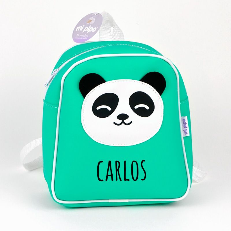 Mochila panda menta personalizada MiPipo con nombre Carlos bordado