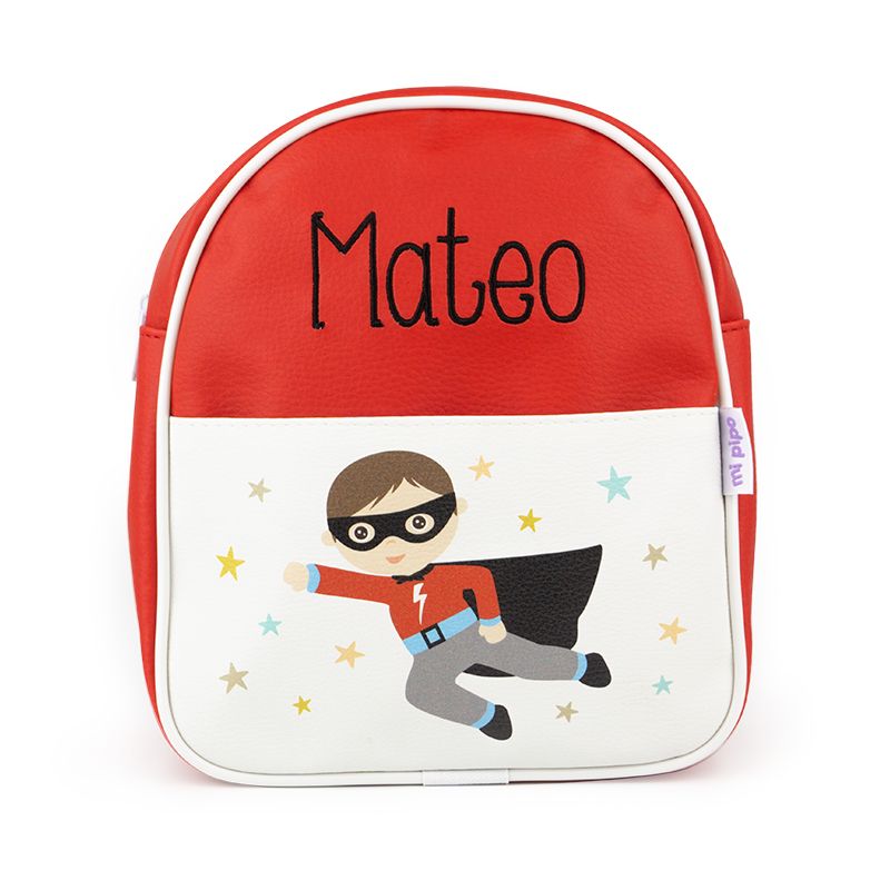 Mochila superhéroe roja personalizada MiPipo con nombre Mateo bordado