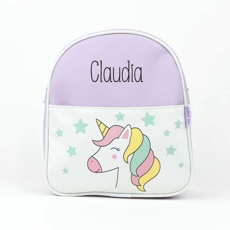 Mochila unicornio lila personalizada MiPipo con nombre Claudia bordado
